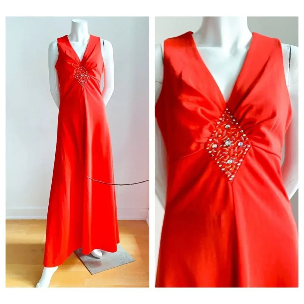 Vintage NuMode Orange Red Sleveless Empure Waist Maxi Dress S